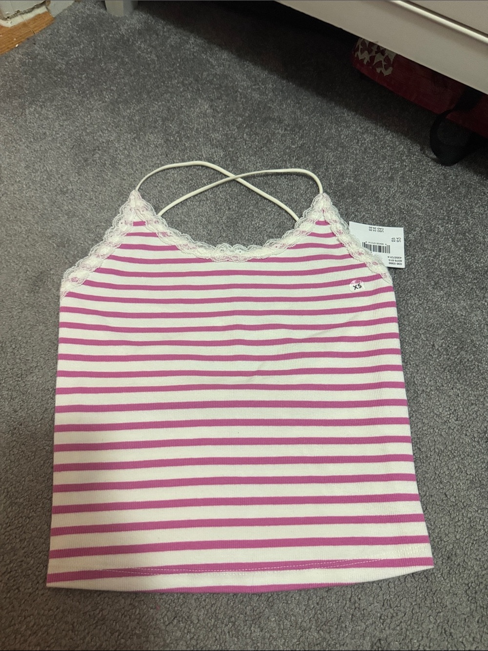 American Eagle Outfitters Pink and White Striped Lace-Trim Camisole